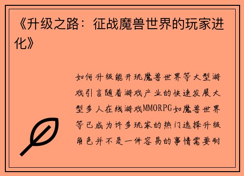 《升级之路：征战魔兽世界的玩家进化》